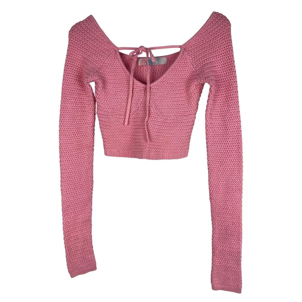 FP‎ Beach Free People Women's XS Pink Tie Neck Long Sleeve Knit Crop Sweater *